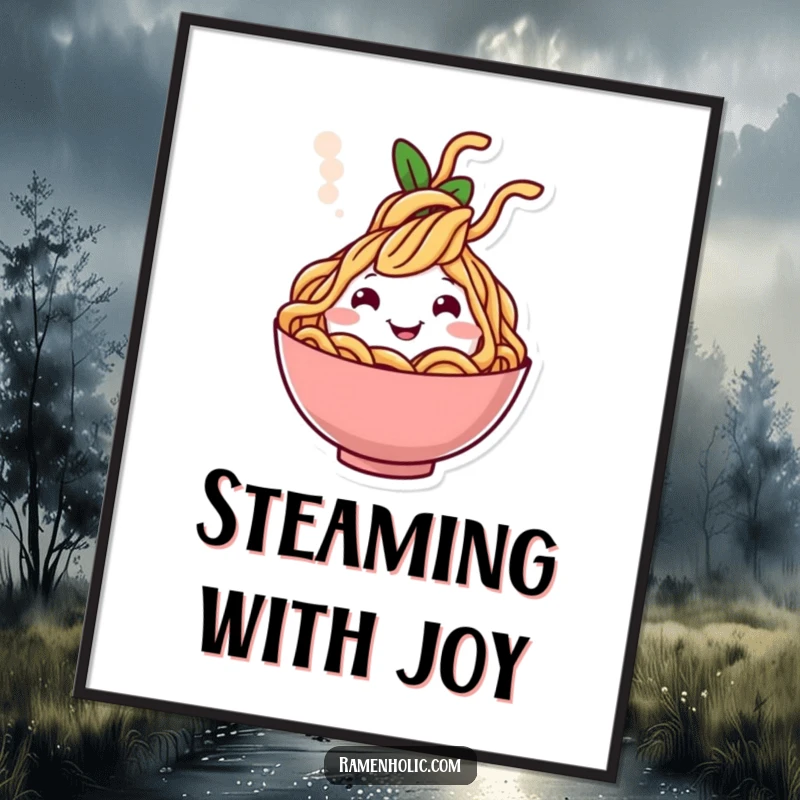 Funny poster of a cheerful noodle character happily popping from steam, ideal wall art for food enthusiasts.