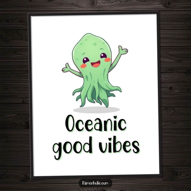 Funny poster illustrating a seaweed character in a jubilant dance, adding a whimsical and energetic touch to any room.