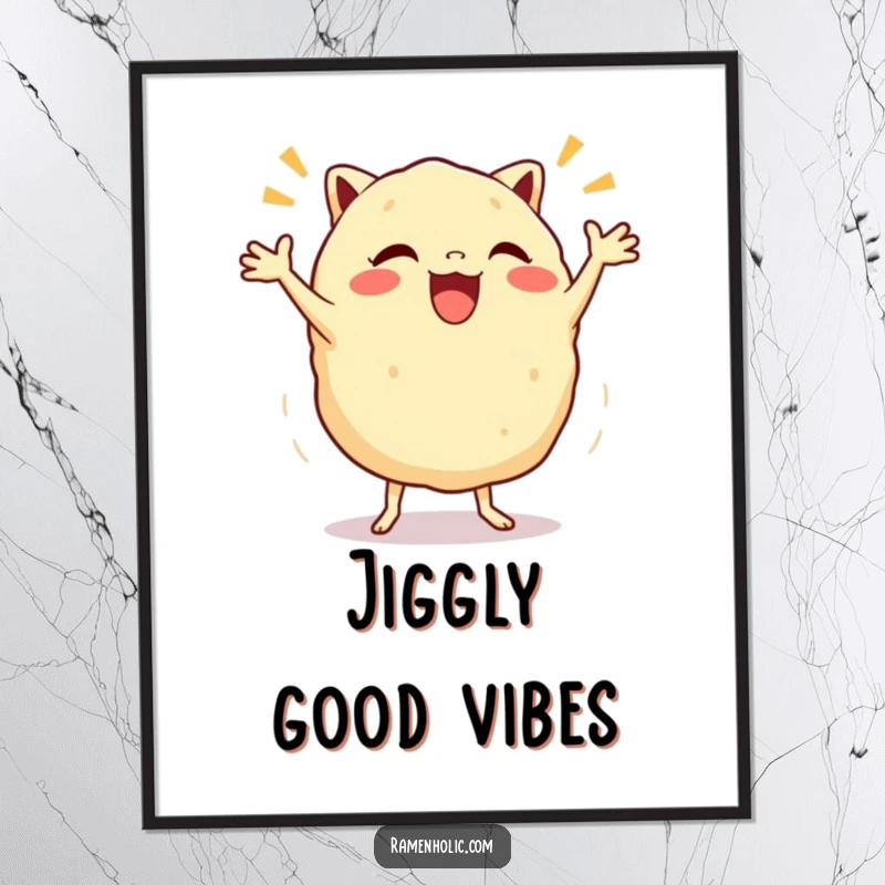 Funny Gyoza Jig Poster depicting an overjoyed food character energetically dancing, adding vibrant humor to any wall.