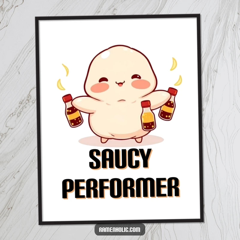 Funny Kawaii dumpling with rosy cheeks, juggling glowing soy sauce bottles, vibrant colors, a playful food illustration, perfect funny gift.