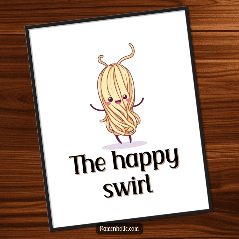 Funny Kawaii noodle strand in a whimsical dance, with a happy swirl, vibrant colors, a playful food illustration, perfect funny gift.
