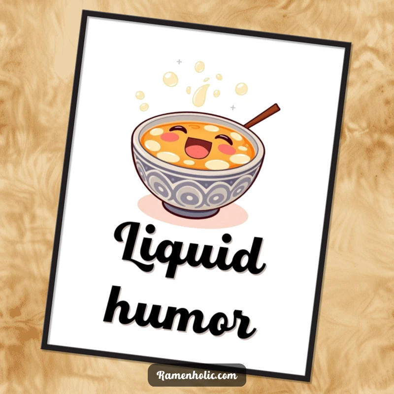Funny happy miso soup bowl overflowing with bubbly laughter, as lively wall art.