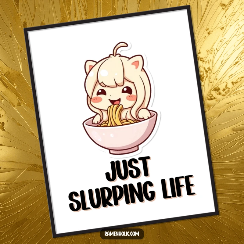 Funny noodle character poster, joyfully slurping from its bowl, adding a humorous and artistic touch to any wall.