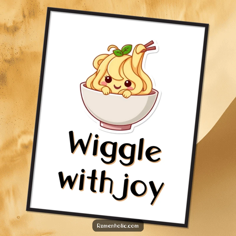 Funny Noodle Poster: A happy noodle character wiggling joyfully in a bowl, adding a cheerful and humorous visual to your decor.