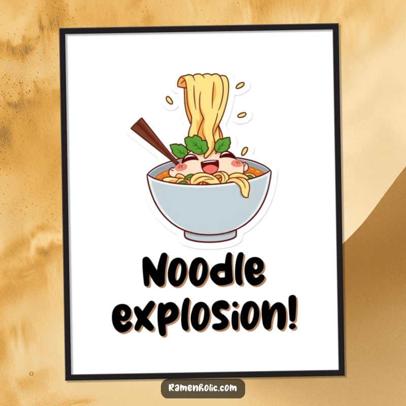 Funny poster of a happy ramen bowl character with noodles splashing dynamically, capturing the excitement of a delicious meal.