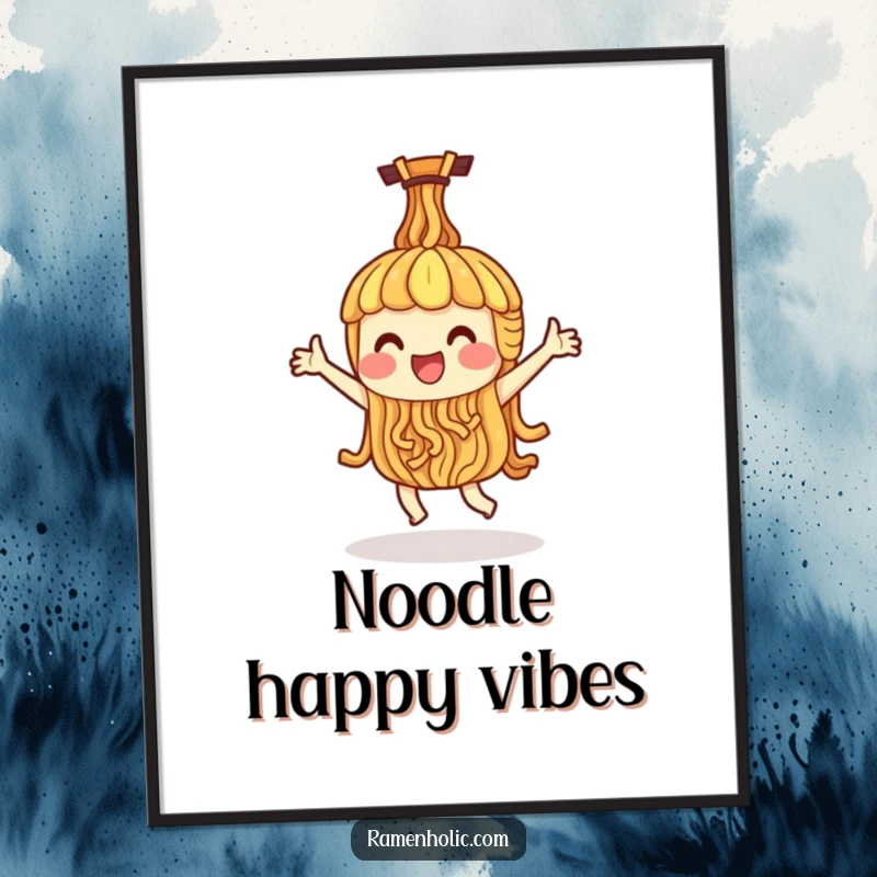 Funny poster showcasing a single ramen noodle character doing a happy dance, bringing whimsical energy and humor to any room.