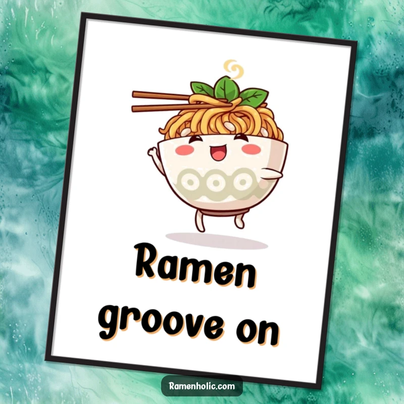 Funny ramen bowl character poster, dancing with chopsticks, adding a dynamic and humorous artistic element.