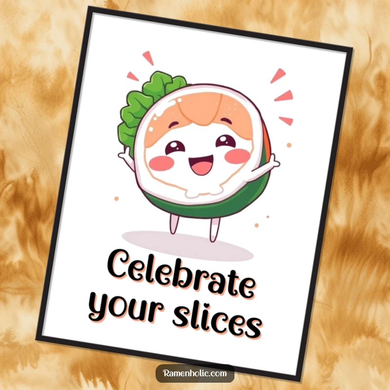 Funny Sashimi Spin Poster showing a happy sashimi slice character mid-spin, adding vibrant, cheerful energy to decor.