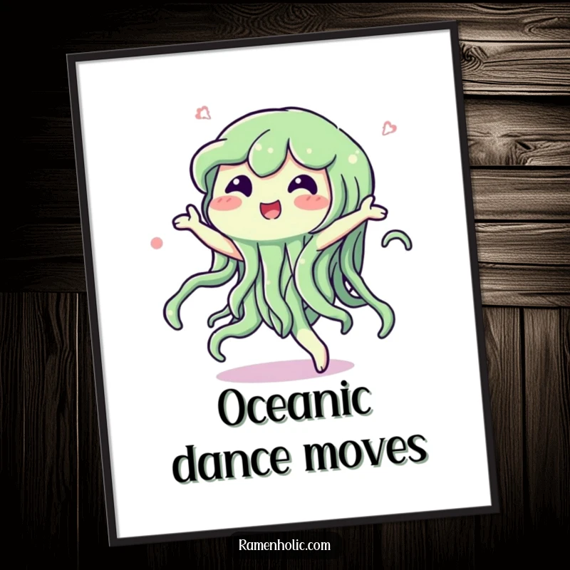 Funny poster art of a happy seaweed character dancing with a joyful swish, bringing underwater vibes and cheer to decor.
