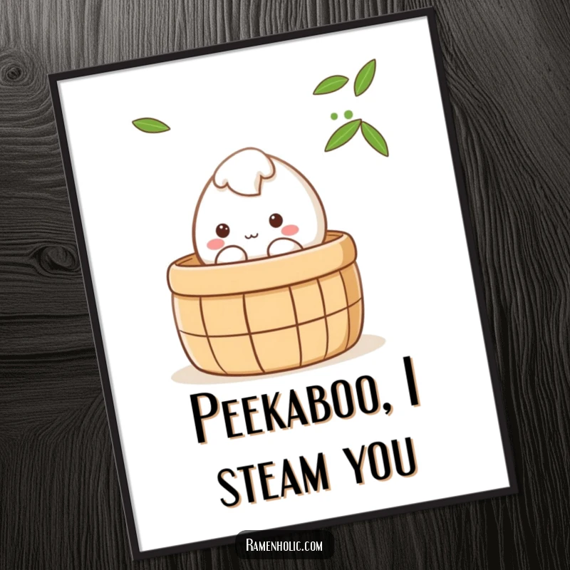 Funny shy mochi character peeking from a steaming bamboo steamer, cute kawaii wall art, charming funny gift for bao enthusiasts.