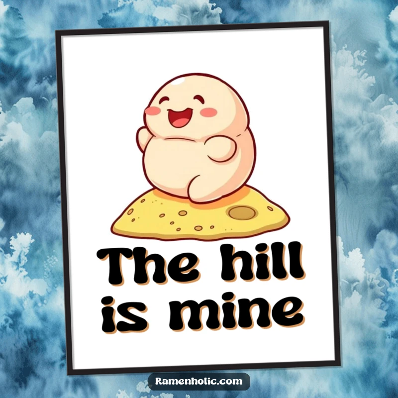 Funny poster of a smiling dumpling joyfully rolling down a hill, ideal wall art for food lovers.