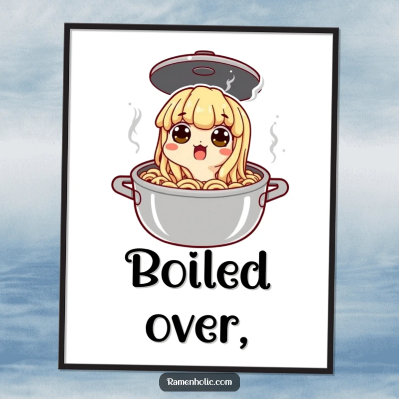 Funny noodle character shocked in a boiling pot, wide eyes conveying surprise, whimsical wall art for kitchens and dining spaces.