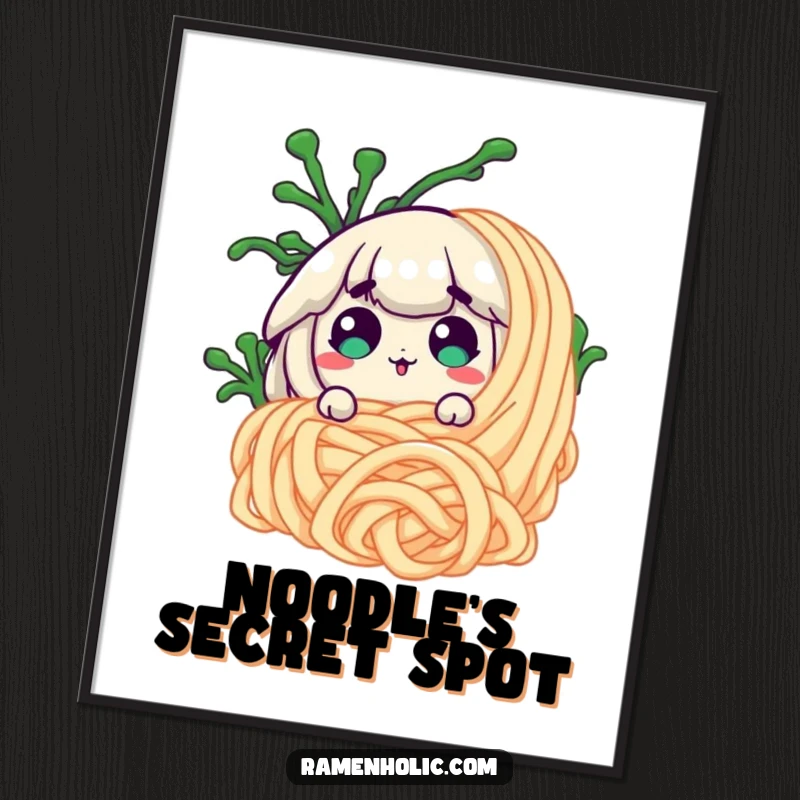 Funny surprised seaweed peeking from behind a giant noodle, depicted as a vibrant and humorous poster for wall art.