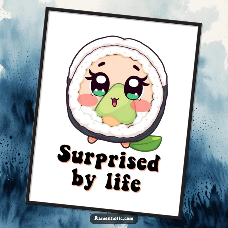 Funny poster print of a surprised sushi roll with wide eyes and blush, adding a touch of humor to any room's decor.