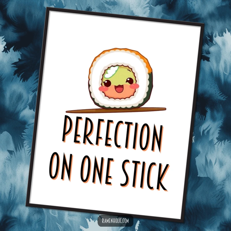 Funny sushi roll character performing a balancing act on a single chopstick, presented as a humorous poster for wall decoration.
