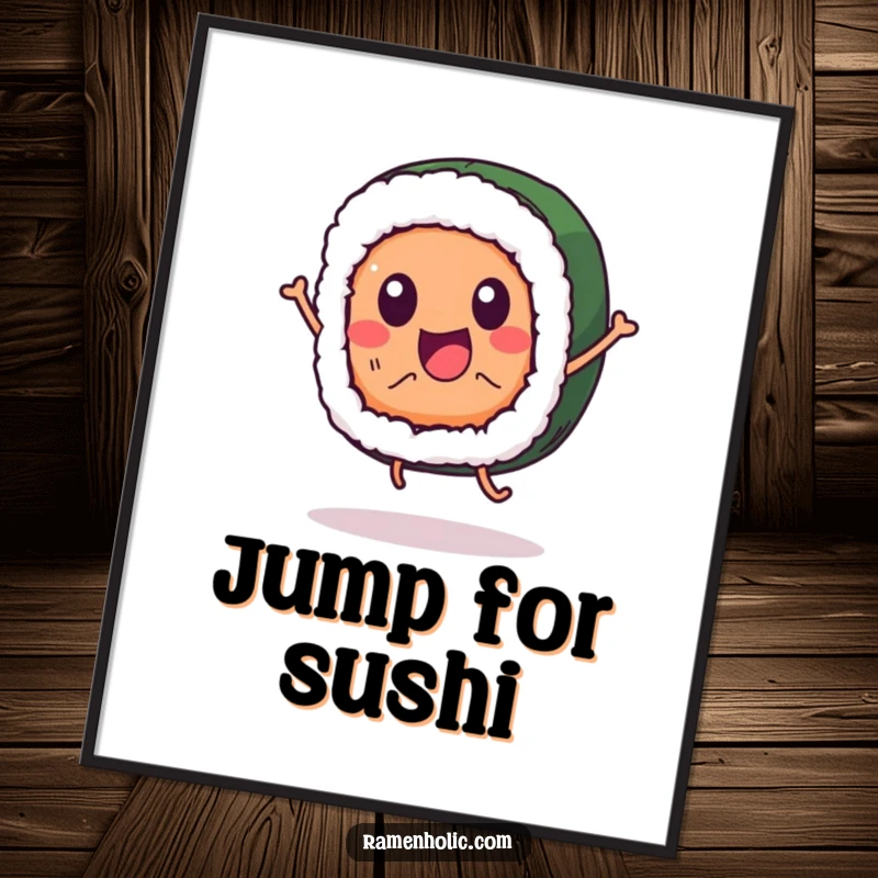 Funny sushi roll character poster, jumping happily, adding a dynamic and humorous artistic element to decor.