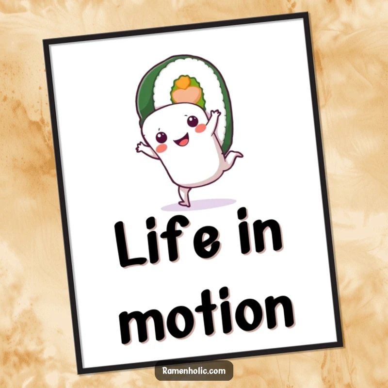 Funny Sushi Roll Poster: A smiling sushi character performs a dynamic cartwheel, adding a humorous and artistic touch to any wall.