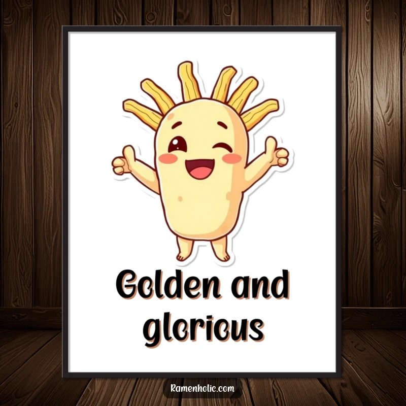 Funny tempura wall art poster of a smiling character in a triumphant pose with crispy extensions, celebrating culinary success.