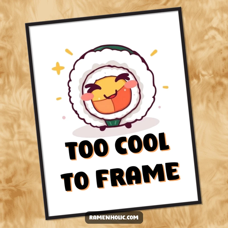 Funny winking sushi roll poster, a playful piece of wall art featuring a mischievous character, adding humor to any room.