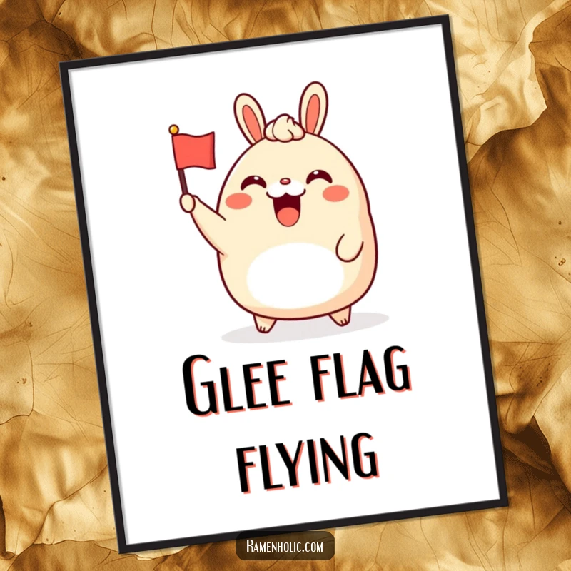 Funny bao bun character poster, cheerfully waving a tiny flag, adding a humorous and artistic element to decor.