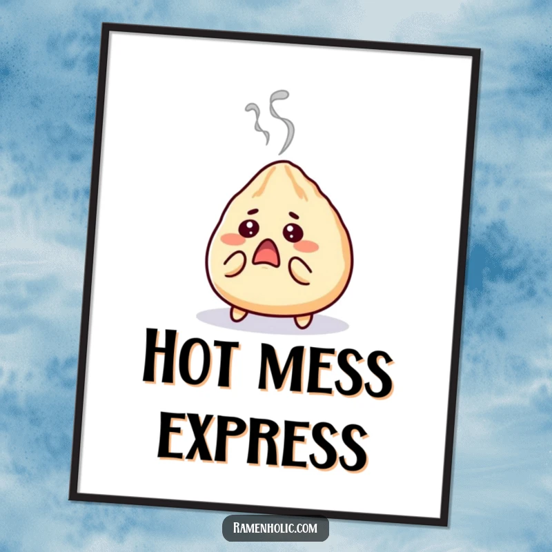 Funny gyoza wall art poster, a surprised character with steam puffing out, looking shocked, bringing culinary humor.