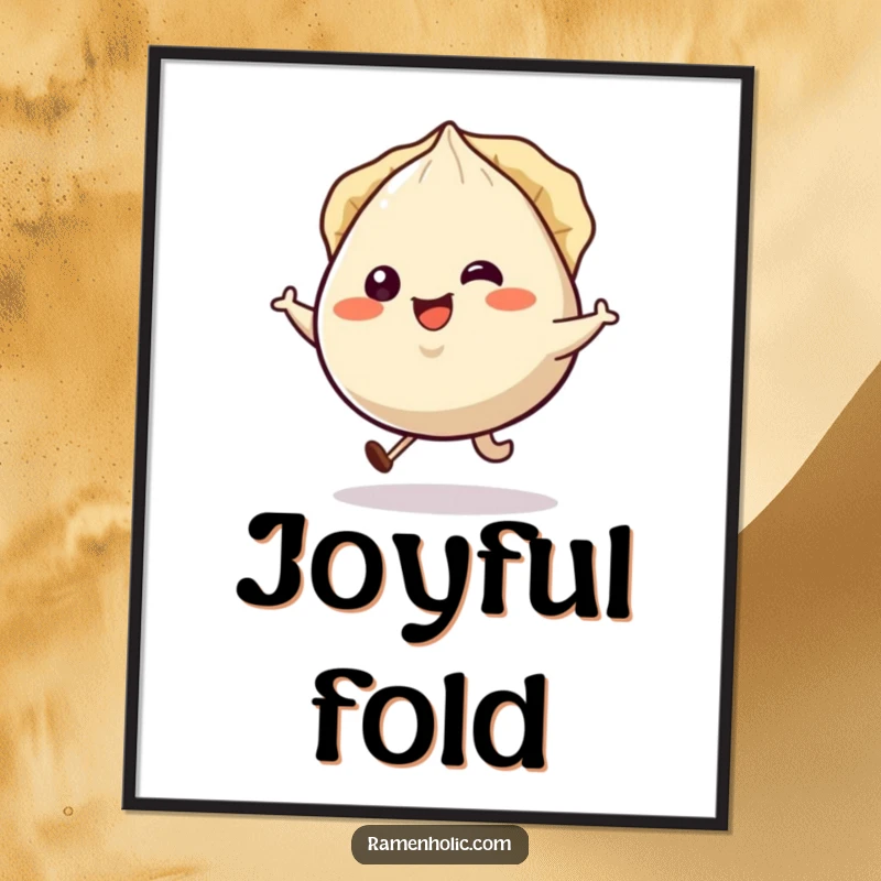 Funny smiling gyoza character hopping happily, pleats jiggling, as lively wall art.