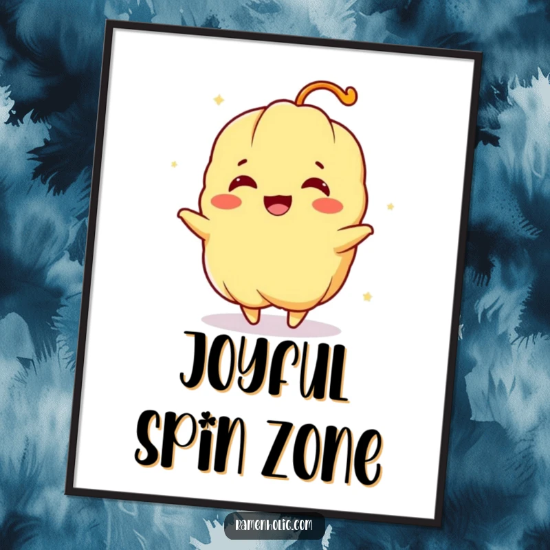 Funny poster featuring a tempura character in a joyful spin, bringing energetic and humorous cartoon art to any space.