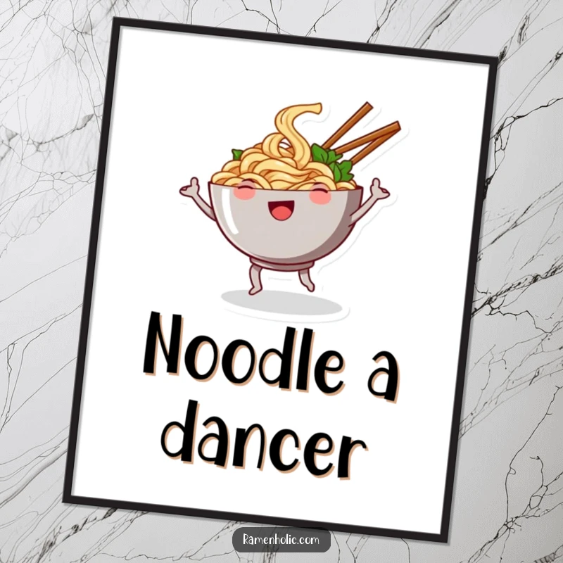Funny poster of a smiling bowl of noodles doing a silly dance, chopsticks waving like arms, a vibrant and humorous food illustration.