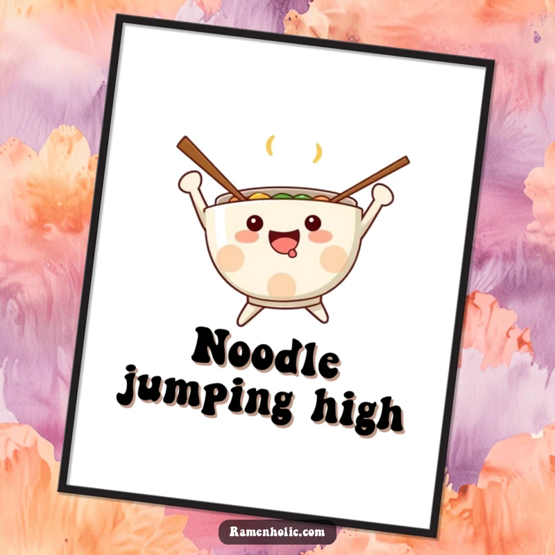 Funny Kawaii ramen bowl with chopsticks as arms, mid-air jump, noodles swirling, bright colors, conveying pure happiness, perfect funny gift.