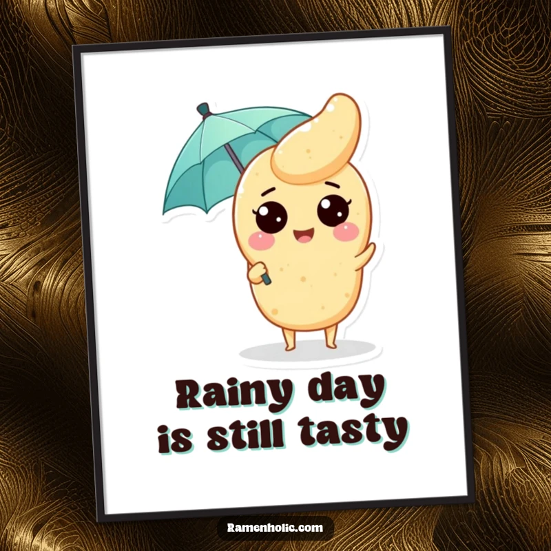Funny Tempura Poster: A delightful tempura piece with a tiny umbrella, symbolizing joy and protection from the elements.