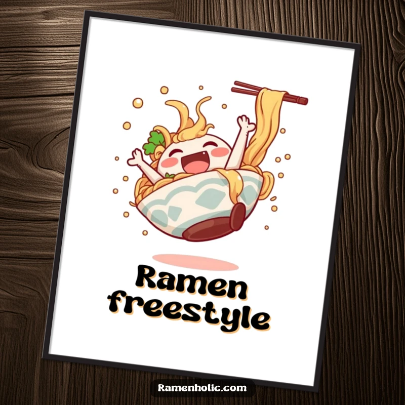 Funny ramen bowl character doing a happy somersault, broth splashing, as a lively wall art poster.