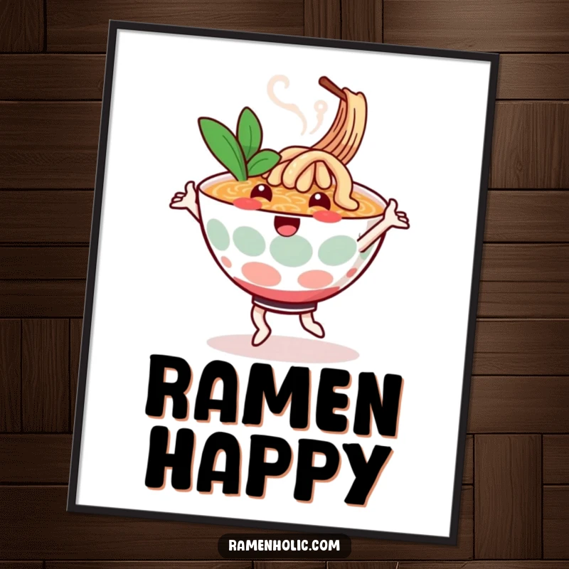 Funny poster of a cheerful ramen bowl character dancing, steam swirling, vibrant colors, perfect for adding culinary joy.