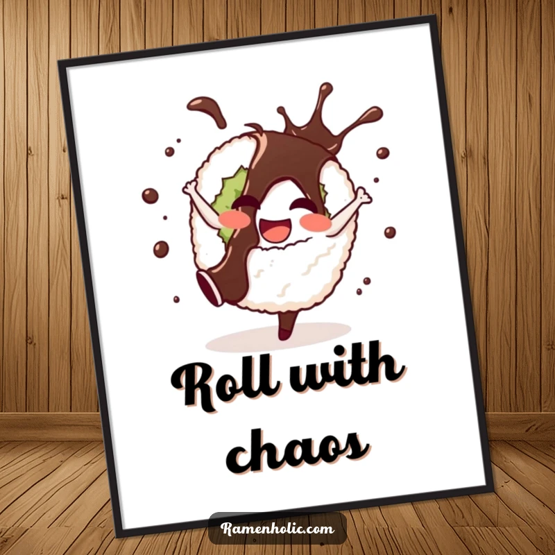 Funny poster of a cheerful sushi roll doing a cartwheel with happy soy sauce splashes, a dynamic and humorous food illustration.