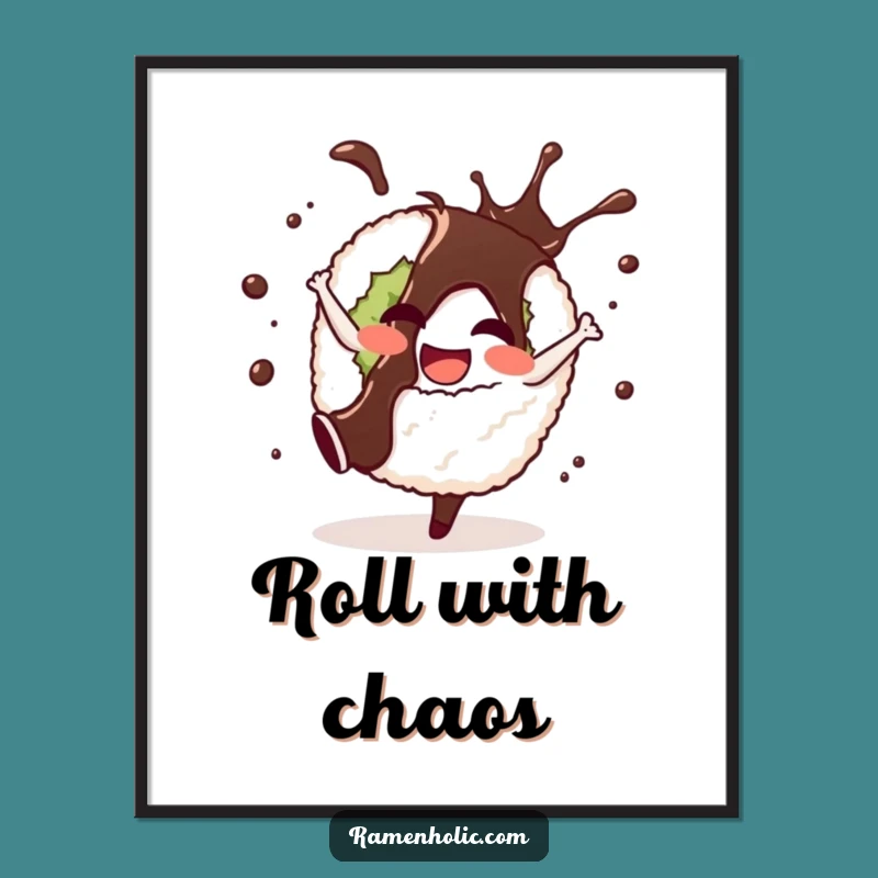 Funny Sushi Cartwheel Poster - Vibrant Cartoon Art for Sushi Lovers