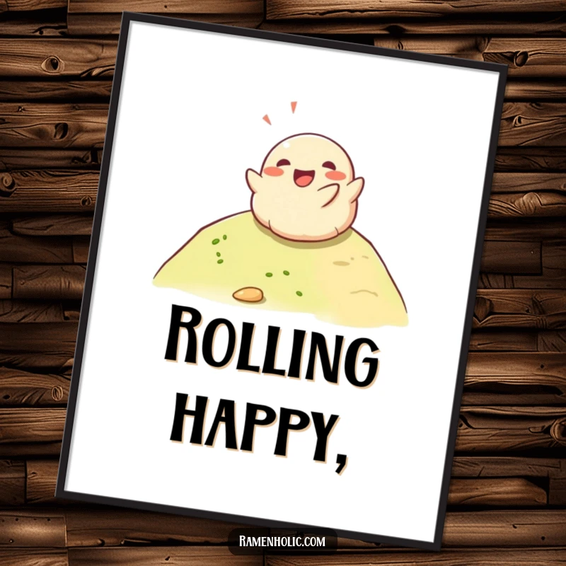 Funny happy dumpling gleefully rolling down a hill, vibrant wall art for kitchens and dining areas, conveying happiness.