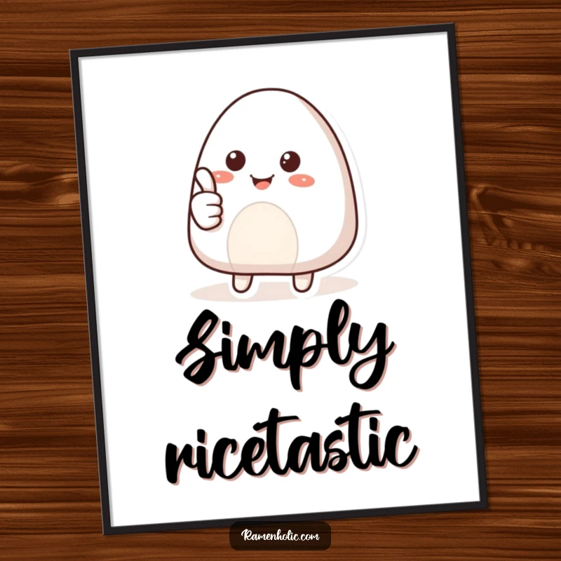 Funny poster showcasing a smiling onigiri character with a confident thumbs up, radiating positivity and delicious charm for all to enjoy.