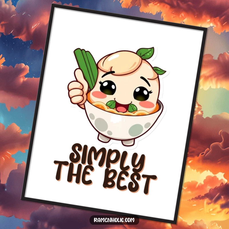 Funny poster showcasing a smiling ramen bowl character giving a thumbs up, bringing culinary joy and humor to any space.