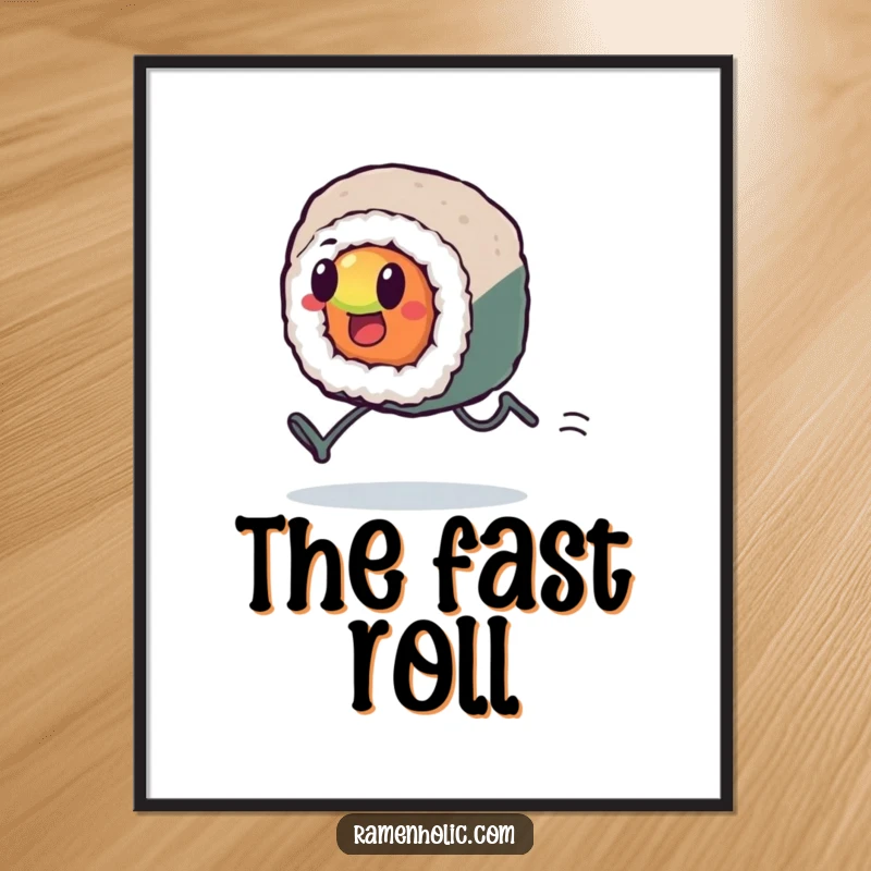 Funny Kawaii sushi roll with tiny legs, sprinting at full speed, looking focused and slightly out of breath, humorous motivational art, perfect funny gift.