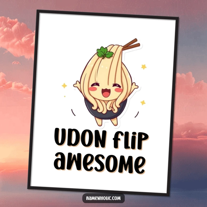 Funny Udon Flip Poster showing a happy udon noodle character mid-flip, adding vibrant, cheerful energy to decor.
