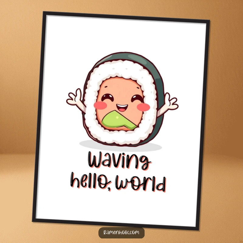 Funny sushi roll poster featuring tiny arms waving enthusiastically, a bright and happy piece of room decor.