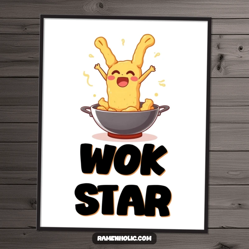 Funny tempura piece joyfully leaping out of a wok with a surprised expression, as wall art.