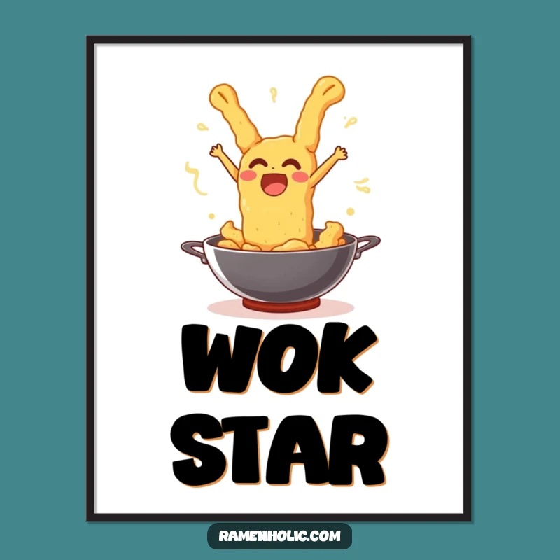 Funny Tempura Wok Leap Poster: Joyful Fried Food Art Print