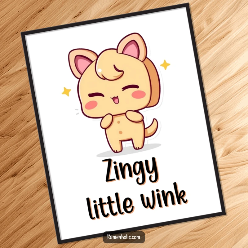 Funny poster art of a playful ginger slice character winking, bringing zesty fun and cheeky personality to wall decor.