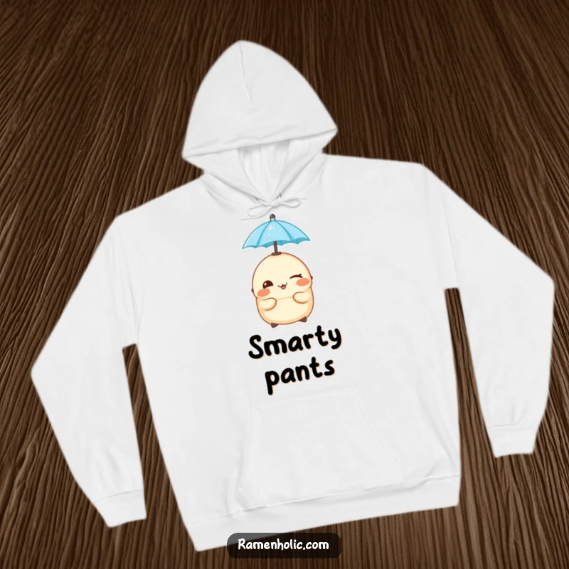 Funny cheeky dumpling winking with an umbrella on its head, designed on a soft hoodie.