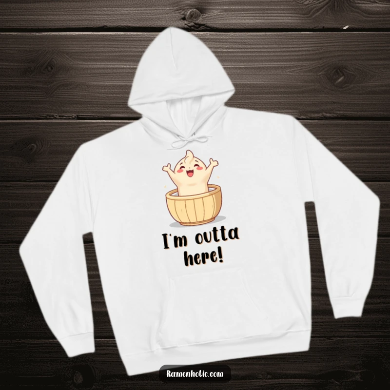 Funny dumpling hoodie, featuring a happy character leaping from a steamer, perfect for cozy and joyful occasions.