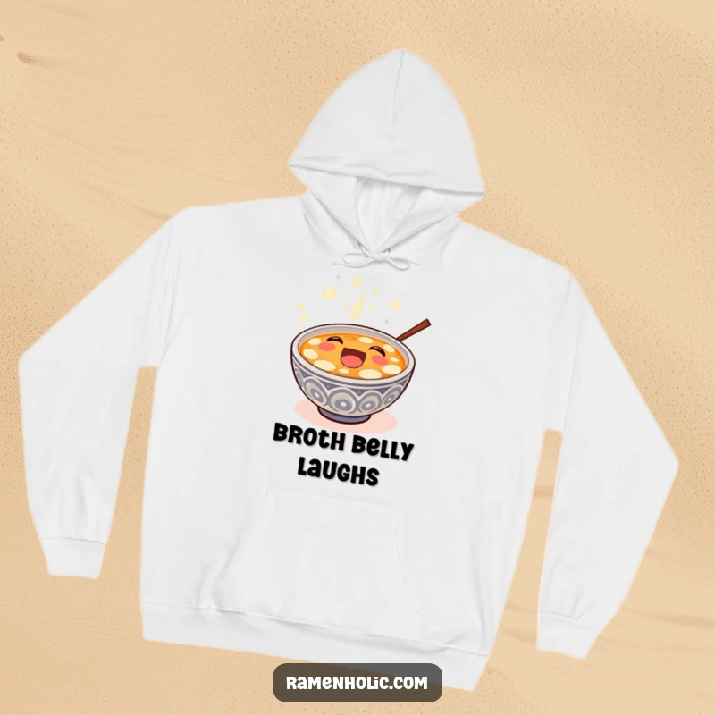 Funny happy miso soup bowl overflowing with bubbly laughter, designed on a soft hoodie.