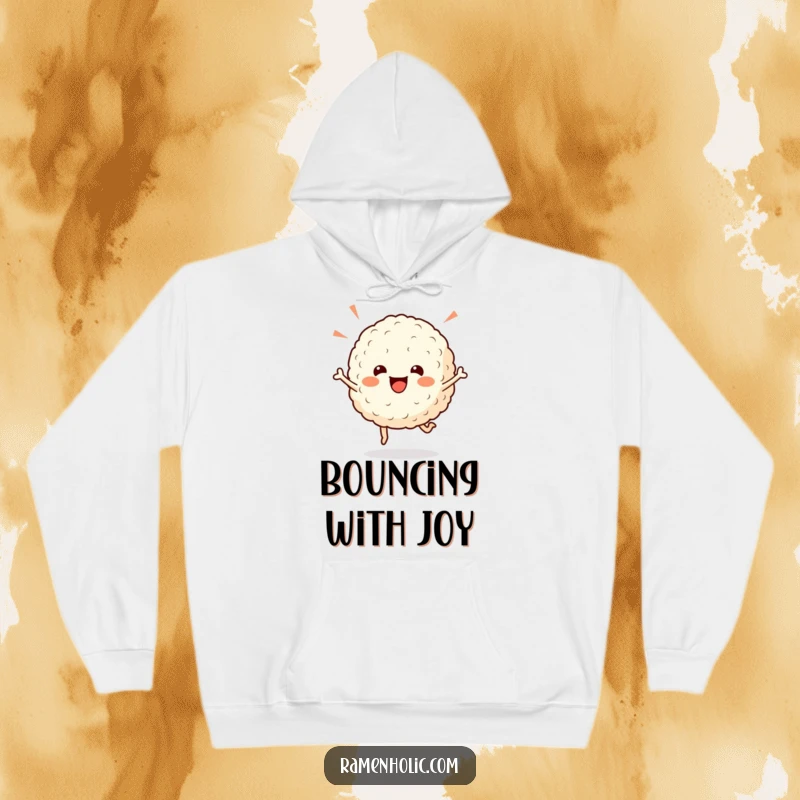 Funny rice ball hoodie, a cheerful character doing a celebratory hop, offering warmth and contagious happiness.