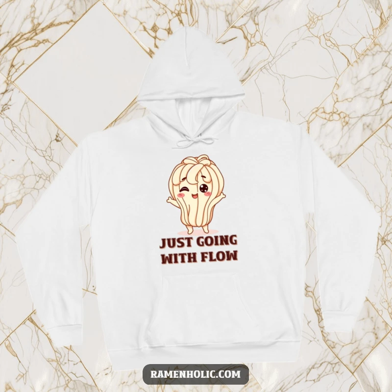 Funny udon noodle hoodie, a happy character doing a wiggly jiggle, offering warmth and contagious, flexible joy.