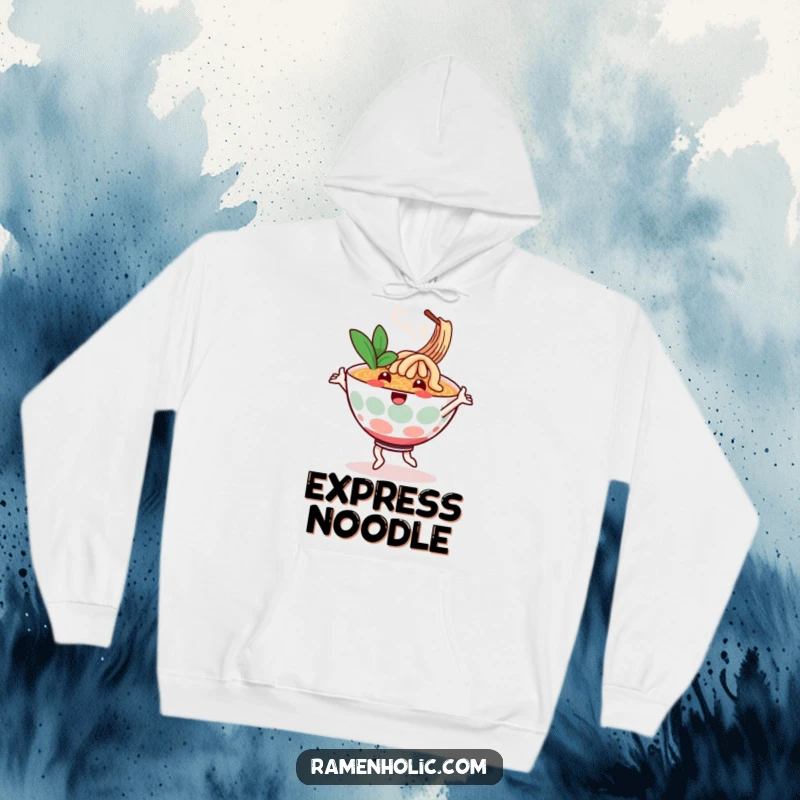 Funny hoodie with a cheerful ramen bowl character dancing, steam swirling, soft and cozy, bringing warmth and comfort.