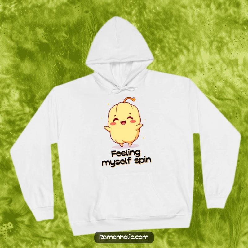 Funny hoodie featuring a tempura character joyfully spinning, offering comfort and cartoon-inspired energy.